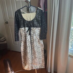 Black Sequin Top + Champagne Brocade Dress with Bow